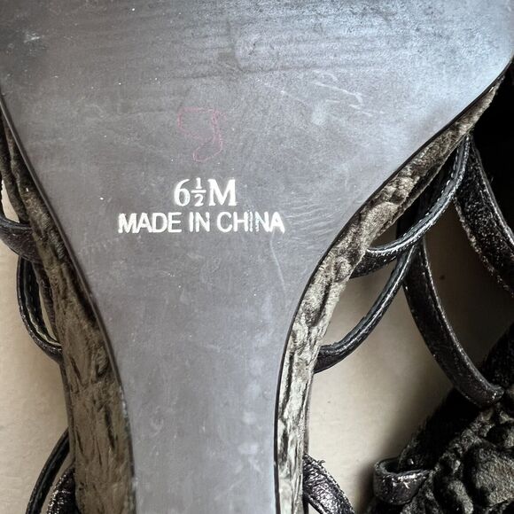 Linea‎ Paolo Bronze Dark Gray Leather  Straps & Velvet Wedge Heel Sandals US 6.5